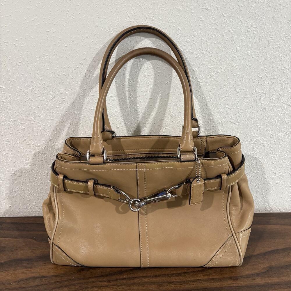 Vtg Coach‎ Hampton Smooth Leather Satchel Shoulder Bag Handbag F11199 Tan Silver
